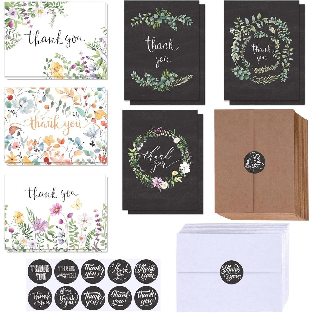 image:imageWinlyn 150 Sets Bulk Blank Thank You Cards with Envelopes Stickers Assortment 6 Design of Chalkboard Floral Watercolor Wildflower Thank You Greeting Cards Note Cards for Wedding Bridal Baby Shower