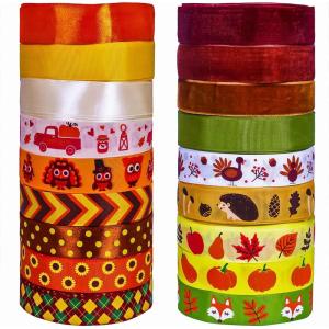 Supla 18 Rolls 90 Yards Assorted Fall Ribbons Bulk – Decorative Prints Grosgrain, Satin, Organza, Velvet 1″ W for Season Wedding Festival Gift Wrapping Bows Crafts