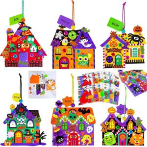 Winlyn 24 Sets Halloween Crafts Kits DIY Halloween House Ornaments Decorations Art Sets Monster Ghost Bat Foam Stickers Fall Arts and Crafts for Kids Classroom Activities Trick-or-Treat Party Favors