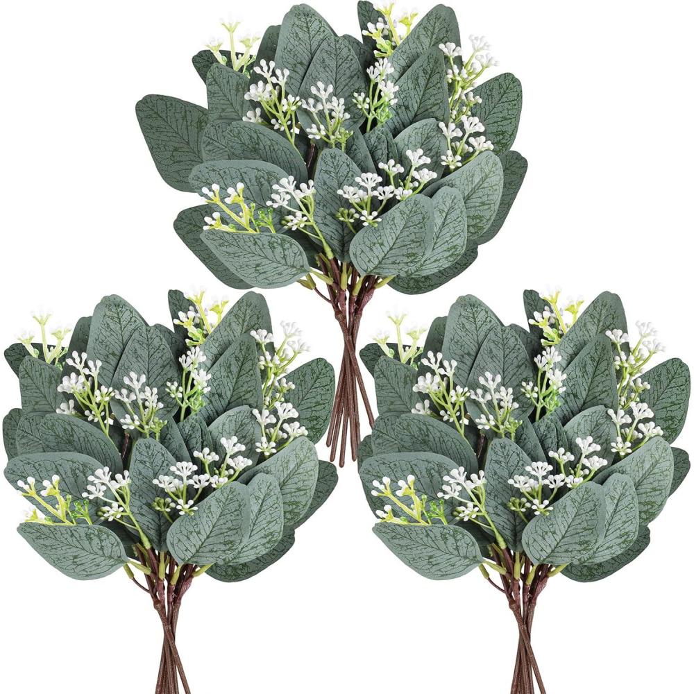image:image18 Pcs Fake Eucalyptus Leaves Stems Bulk Artificial Oval Eucalyptus Leaves Branches with Seeds in Grey Green for Wedding Holiday Greenery Decoration Indoor Floral Vase Bouquet Centerpiece ArrangementFrosted Green With White Seeds