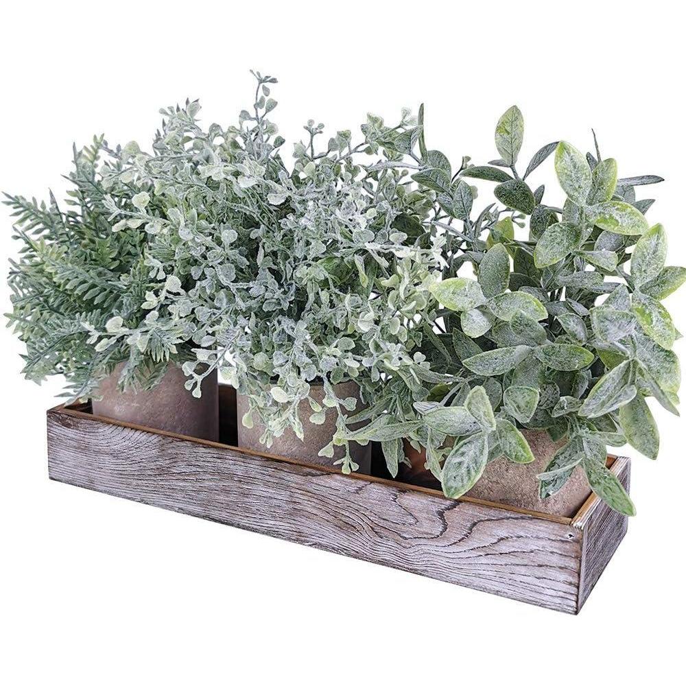 image:imageWinlyn 3 Pack Potted Plants Artificial Eucalyptus Boxwood Fern Greenery in Pots with Wood Planter Box for Farmhouse Cabinets Bath Table Bathrooms Mantle