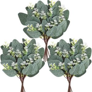 18 Pcs Fake Eucalyptus Leaves Stems Bulk Artificial Oval Eucalyptus Leaves Branches with Seeds in Grey Green for Wedding Holiday Greenery Decoration Indoor Floral Vase Bouquet Centerpiece Arrangement(Frosted Green With White Seeds)