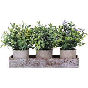 Winlyn Set of 3 Mini Artificial Potted Plants Faux Seeded Boxwood Greenery Arrangement with Wood Planter Box for Indoor Office Apartment Wedding Tabletop Decorations 8.5″ Tall