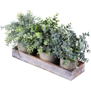 Winlyn Set of 3 Mini Potted Artificial Eucalyptus Plants Faux Rosemary Plant Assortment with Wood Planter Box for Indoor Office Desk Apartment Wedding Tabletop Greenery Decorations 8.7″ Tall