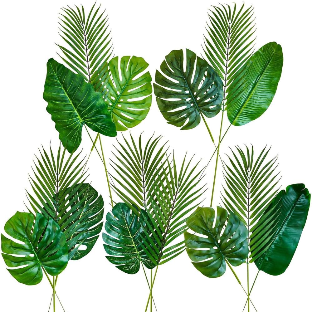 image:imageWinlyn 15 Pcs Assorted Artificial Tropical Leaves Set Decorative Real Touch Faux Tropical Monstera and Palm Leaf with Stems for Hawaiian Luau Safari Beach Jungle Tiki Party Summer Wedding Home Dcor