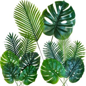Winlyn 13 Pcs Assorted Artificial Tropical Leaves Set Decorative Real Touch Faux Monstera and Palm Leaves with Stems for Luau Hawaiian Safari Beach Jungle Tiki Theme Party Summer Wedding Home Décor