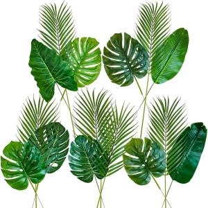 Winlyn 15 Pcs Assorted Artificial Tropical Leaves Set Decorative Real Touch Faux Tropical Monstera and Palm Leaf with Stems for Hawaiian Luau Safari Beach Jungle Tiki Party Summer Wedding Home Décor
