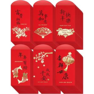 Supla 120 Pcs 6 Design Chinese Hong Bao Red Envelopes Lucky Money Envelopes Red Packet Lai See Lucky Packet Cash Envelope Red Pockets for Chinese New Year Wedding Birthday Year of The Dragon 2024