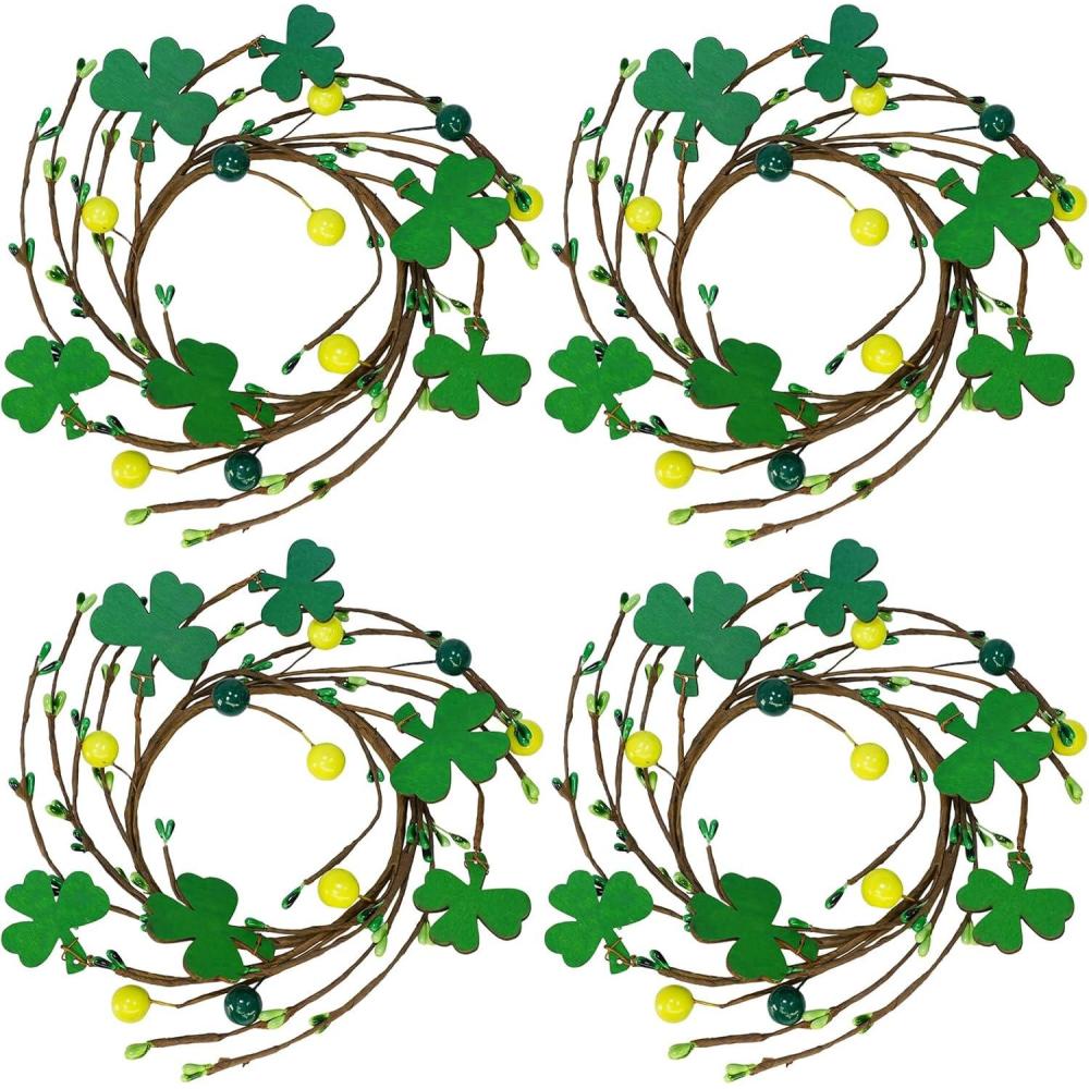 image:imageWinlyn 4 Pcs St Patricks Candle Ring Lucky Shamrock Candle Wreath Rings Green Clover and Berry Wreaths 95 for Spring Irish St Patricks Day Wedding Kitchen Cabinet Wall Window Front Door Decor