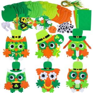 24 Sets St. Patrick’s Day Decorations Owl Shamrock Ornaments DIY St. Pat’s Craft Kits Assorted Owl Four-Leaf Clover Irish Lucky Shamrock Foam Stickers for Kids Classroom Home Activity Gift Art Project