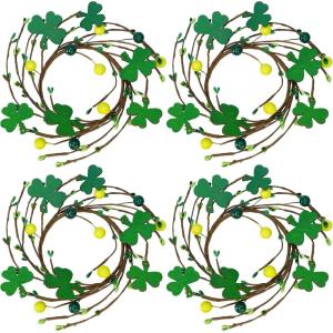 Winlyn 4 Pcs St. Patrick’s Candle Ring Lucky Shamrock Candle Wreath Rings Green Clover and Berry Wreaths 9.5″ for Spring Irish St. Patrick’s Day Wedding Kitchen Cabinet Wall Window Front Door Decor