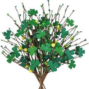 Winlyn 6 Pcs St. Patrick’s Day Shamrock Picks Artificial Green Clover and Berry Stems Lucky Shamrock Decorative Stems 16.5″ for St. Patrick’s Day Party Home Floral Arrangement Wreath Centerpiece