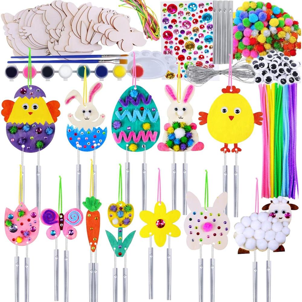 image:imageWinlyn 36 Sets Wooden Easter Wind Chimes Ornaments Easter Craft Kits Paintable Unfinished Wood Easter Egg Bunny Chick Tulip Pom Poms Wind Chimes Arts and Crafts for Spring Party Activities