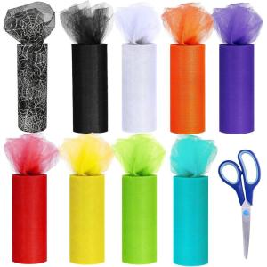 Winlyn 9 Colors Halloween Tulle Rolls Spider Web White Black Orange Yellow Red Green Teal Purple Tulle Fabric Ribbon Tulle Netting Rolls 6″ by 10 Yards/Spool for Fall Crafts Bows Holiday Party Wreaths