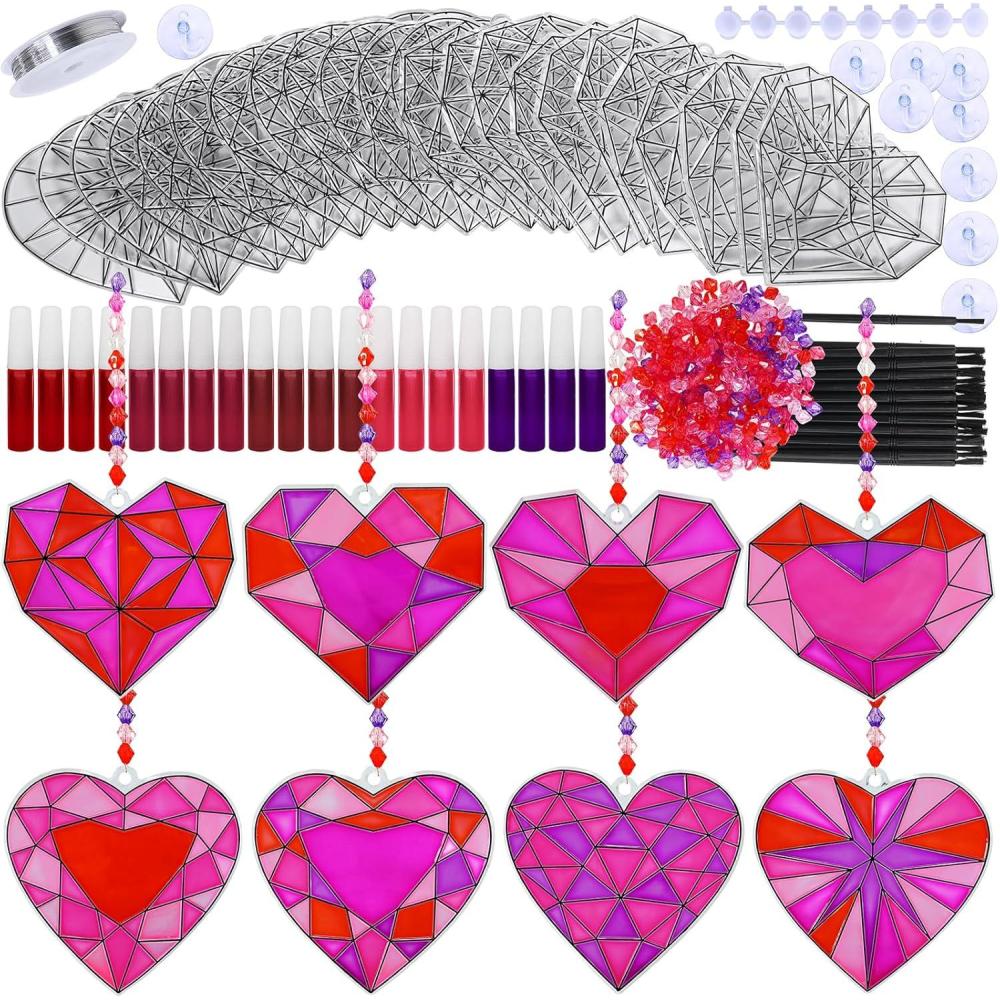 image:imageWinlyn 24 Sets Heart Suncatchers Ornaments Decorations DIY Window Paint Art Stickers Craft Kit Heart Sun Catchers for Kids Valentines Day PirateThemed Birthday Activities Art Project Party Favors