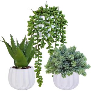 Winlyn 3 Pcs Small Artificial Succulent Plants in Pots Faux Aloe Hops String of Pearls with White Geometric Planters Pots for Desk Table Centerpiece Shelf Windowsill Office Home Indoor Outdoor Decor