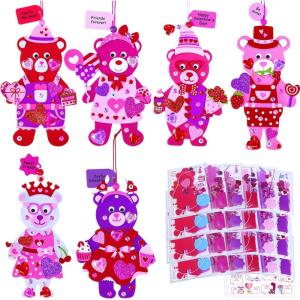 Winlyn 24 Sets Valentine’s Day Polar Bear Ornaments Decorations DIY Valentine Craft Kits Assorted Polar Bear Shaped with Heart Valentine Stickers for Kids Valentine Classroom Activities Gift Exchange