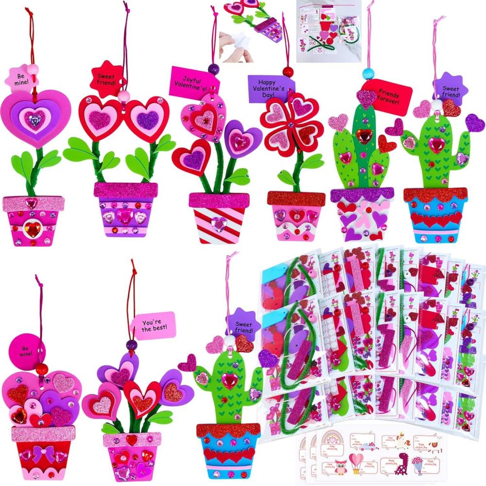 image:imageWinlyn 24 Sets Potted Heart Flower Craft Kits DIY Valentines Day Ornaments Decorations Heart Foam Stickers Arts and Crafts for Kids Spring Birthday Classroom Activities Party Favors Gift Exchange