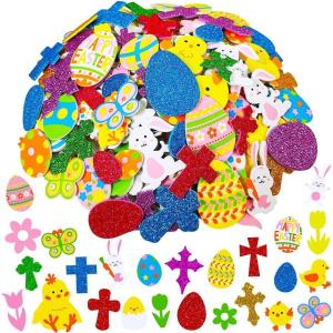 536 Pcs Bulk Easter Foam Stickers Assortment Glitter Easter Egg Cross Bunny Chick Lamb Tulip Flower Foam Shapes Cutouts for Kids Easter Craft Card Making Scrapbooking Embellishments Basket Decoration