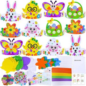Winlyn 24 Sets Easter Craft Kits Spring Crafts DIY Easter Headbands Craft Kits Bunny Chick Lamb Butterfly Flower Basket Foam Stickers Spring Arts and Crafts for Kids Classroom Activities Party Favors