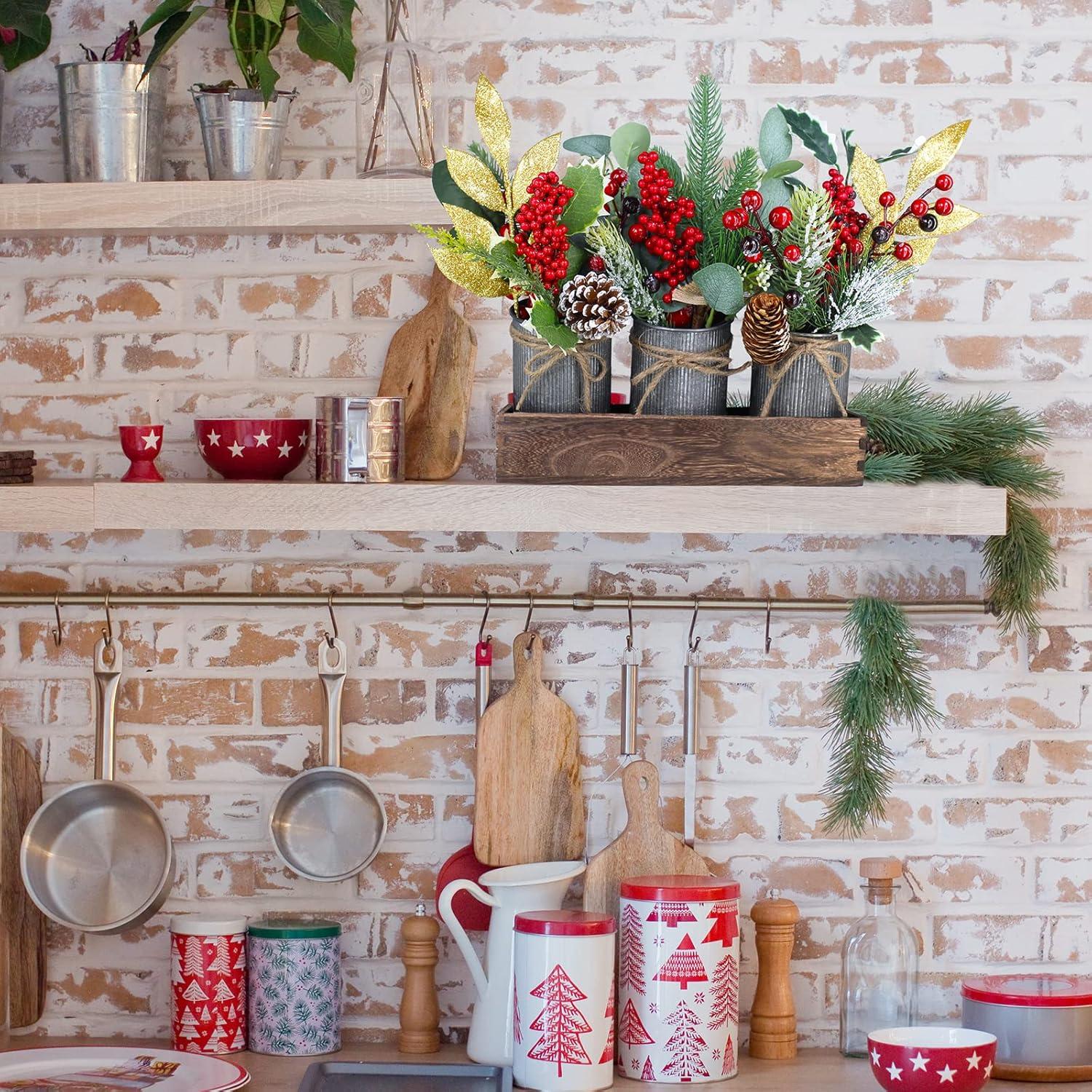 image:imageSet of 3 Small Christmas Floral Arrangement Assorted Holly Red Berry Pine Cone Picks Artificial Christmas Picks in Rustic Galvanized Pots with Wood Box for Farmhouse Christmas Centerpiece Table Decor