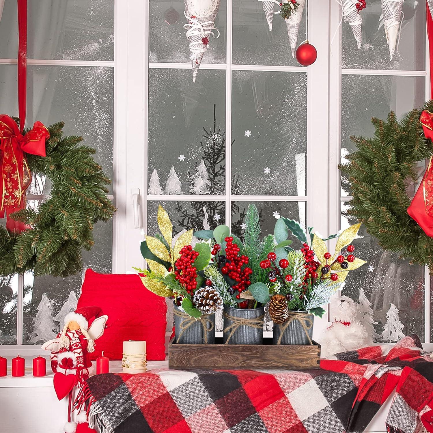 image:imageSet of 3 Small Christmas Floral Arrangement Assorted Holly Red Berry Pine Cone Picks Artificial Christmas Picks in Rustic Galvanized Pots with Wood Box for Farmhouse Christmas Centerpiece Table Decor
