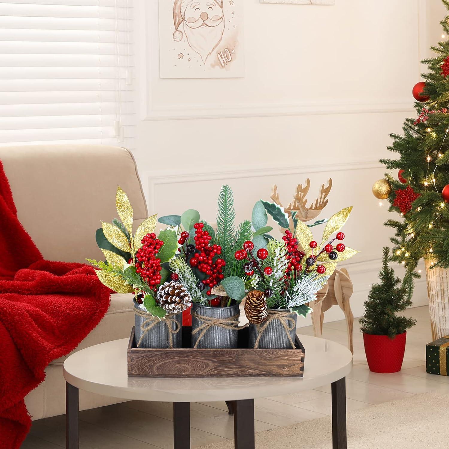 image:imageSet of 3 Small Christmas Floral Arrangement Assorted Holly Red Berry Pine Cone Picks Artificial Christmas Picks in Rustic Galvanized Pots with Wood Box for Farmhouse Christmas Centerpiece Table Decor