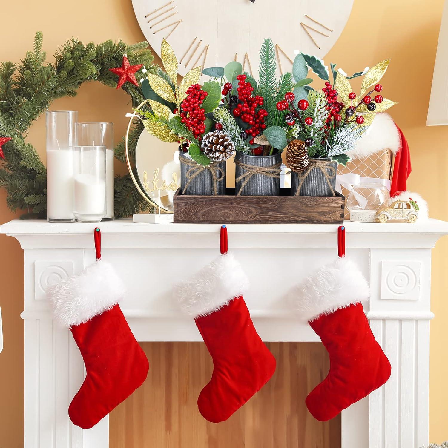 image:imageSet of 3 Small Christmas Floral Arrangement Assorted Holly Red Berry Pine Cone Picks Artificial Christmas Picks in Rustic Galvanized Pots with Wood Box for Farmhouse Christmas Centerpiece Table Decor