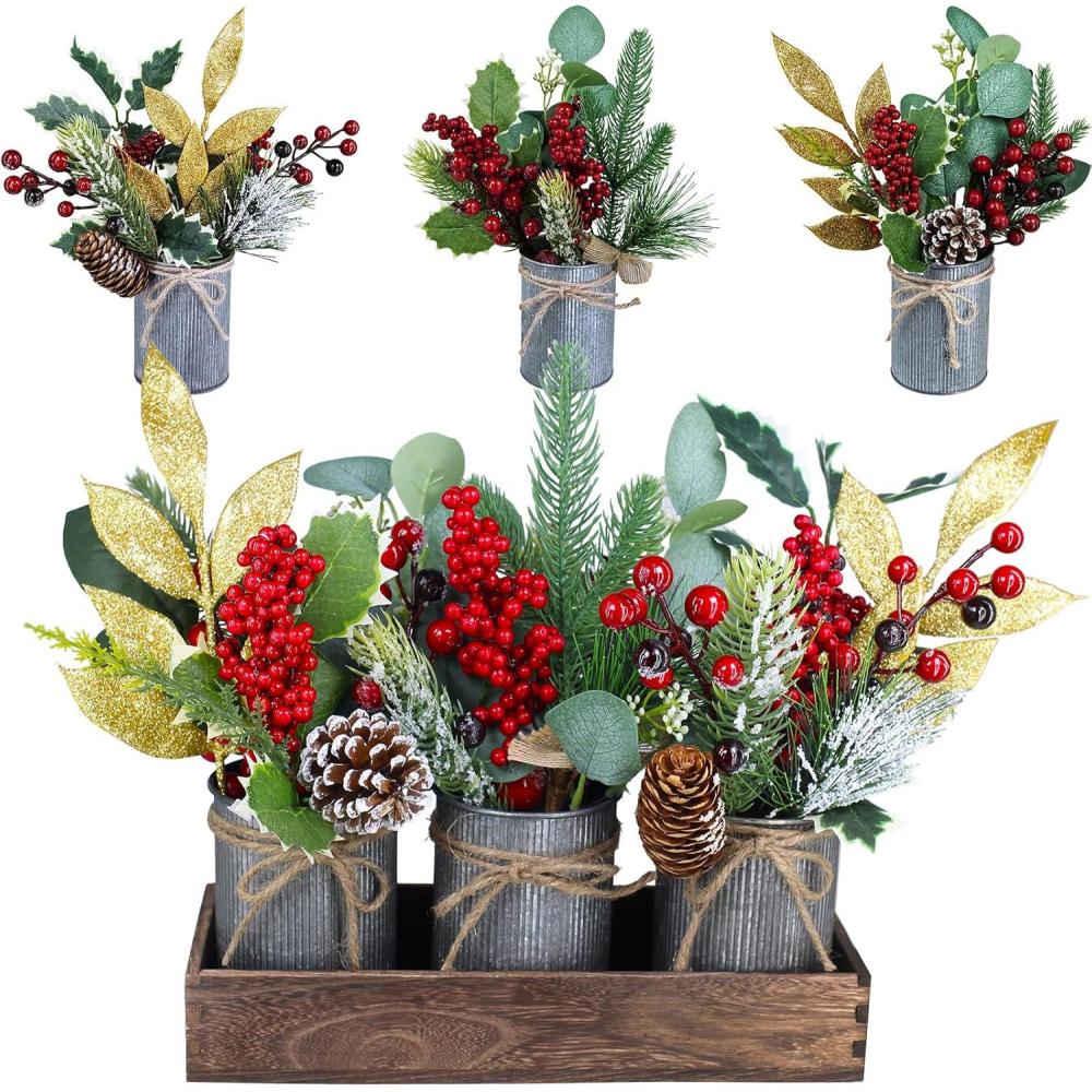 image:imageSet of 3 Small Christmas Floral Arrangement Assorted Holly Red Berry Pine Cone Picks Artificial Christmas Picks in Rustic Galvanized Pots with Wood Box for Farmhouse Christmas Centerpiece Table Decor