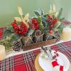 Set of 3 Small Christmas Floral Arrangement Assorted Holly Red Berry Pine Cone Picks Artificial Christmas Picks in Rustic Galvanized Pots with Wood Box for Farmhouse Christmas Centerpiece Table Decor