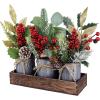 Set of 3 Small Christmas Floral Arrangement Assorted Holly Red Berry Pine Cone Picks Artificial Christmas Picks in Rustic Galvanized Pots with Wood Box for Farmhouse Christmas Centerpiece Table Decor