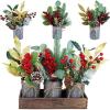 Set of 3 Small Christmas Floral Arrangement Assorted Holly Red Berry Pine Cone Picks Artificial Christmas Picks in Rustic Galvanized Pots with Wood Box for Farmhouse Christmas Centerpiece Table Decor