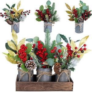 Set of 3 Small Christmas Floral Arrangement Assorted Holly Red Berry Pine Cone Picks Artificial Christmas Picks in Rustic Galvanized Pots with Wood Box for Farmhouse Christmas Centerpiece Table Decor