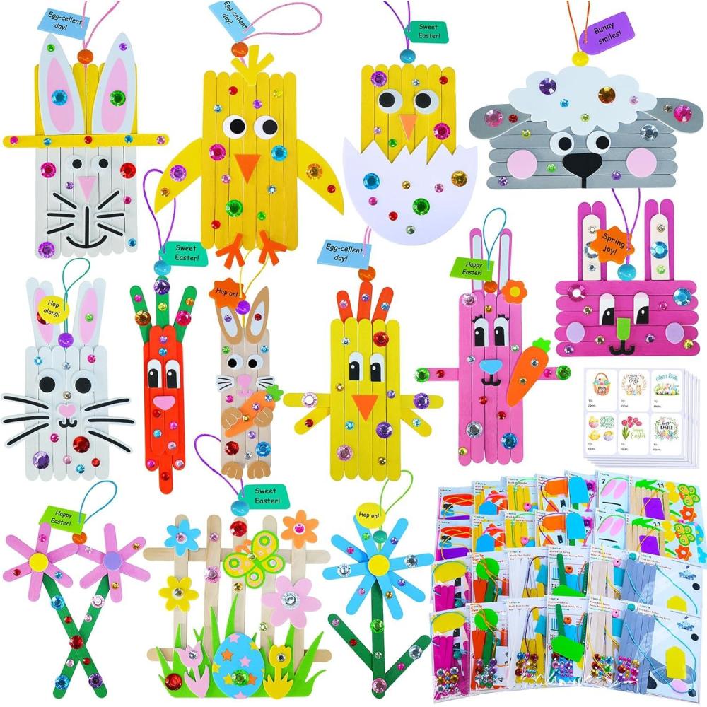 image:imageWinlyn 26 Sets Easter Craft Kits Spring Crafts DIY Craft Stick Easter Ornaments Decorations Art Sets Bunny Chick Lamb Flower Foam Stickers Arts and Crafts for Kids Classroom Activities Party Favors