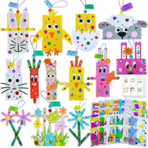 Winlyn 26 Sets Easter Craft Kits Spring Crafts DIY Craft Stick Easter Ornaments Decorations Art Sets Bunny Chick Lamb Flower Foam Stickers Arts and Crafts for Kids Classroom Activities Party Favors