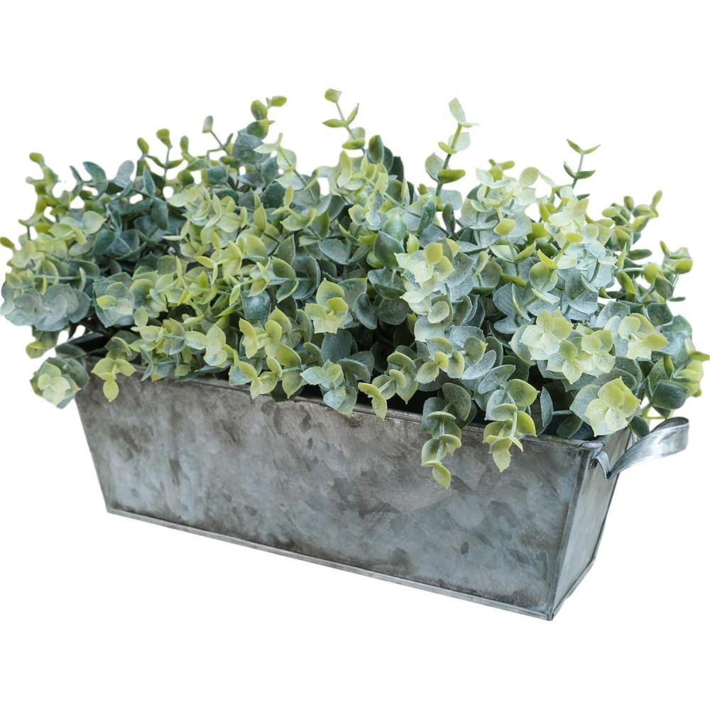 image:imageWinlyn Faux Eucalyptus Plants in Rustic Galvanized Metal Rectangular Planter Farmhouse Greenery Arrangement Artificial Eucalyptus Potted Plants for Home Office Table Centerpiece Mantel Shelf Dcor